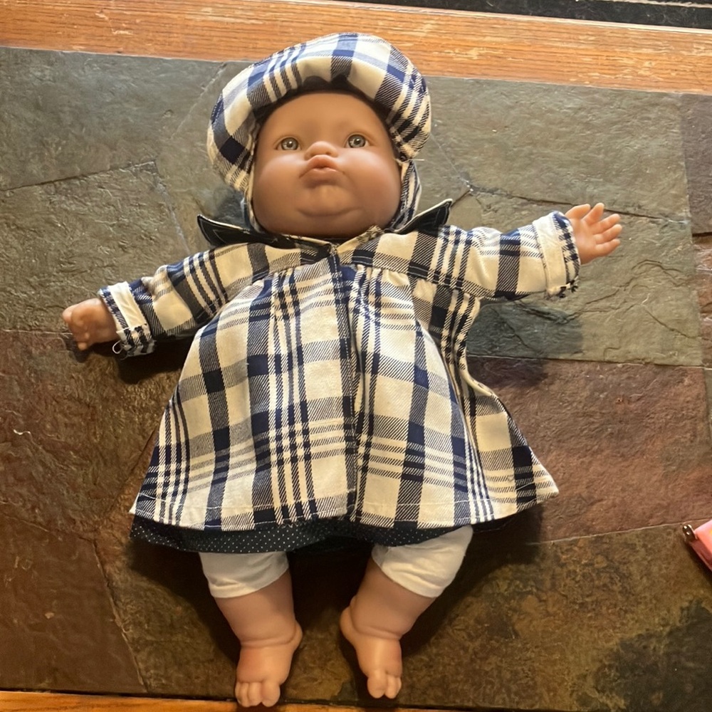 Baby Doll with dress, coat and hat -soft body with plastic hands, feet, head